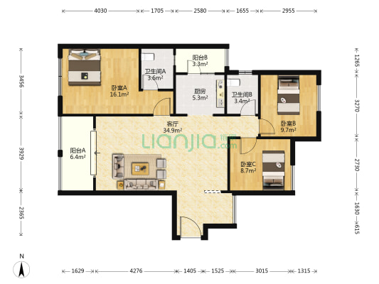 天盛长岛巴黎世家 3室1厅2卫 113平方