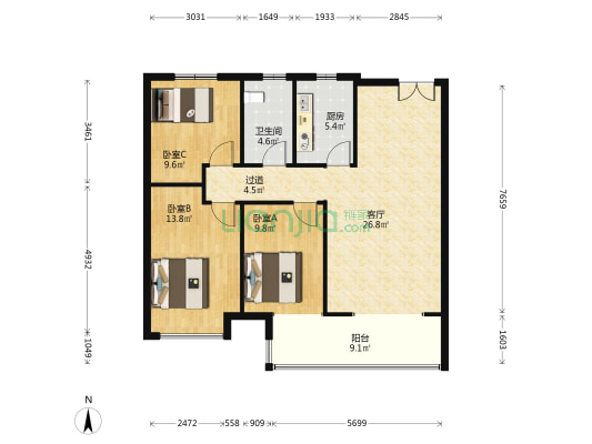 润锦中央美地天奕 3室1厅1卫 113平方