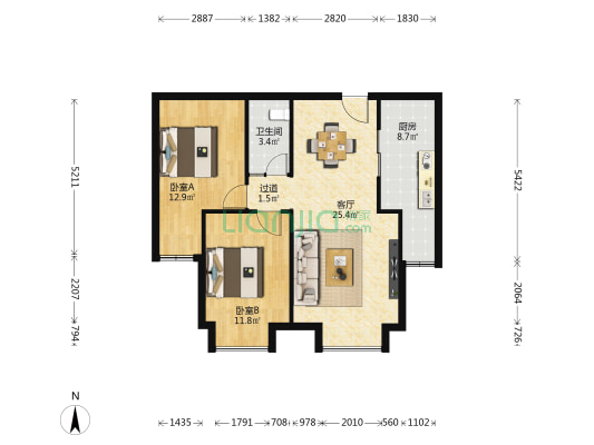 兰州金城中心 2室1厅1卫 89平方