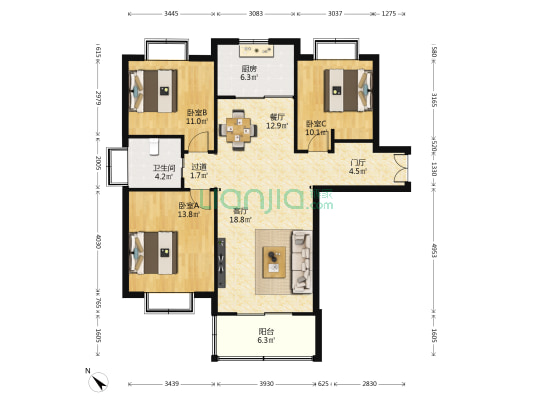 富泉公寓 3室2厅1卫 119平方