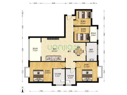 官房都铎城邦 4室1厅2卫 109平方