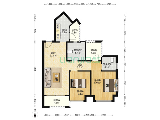 昊龙华庭 2室1厅2卫 90平方
