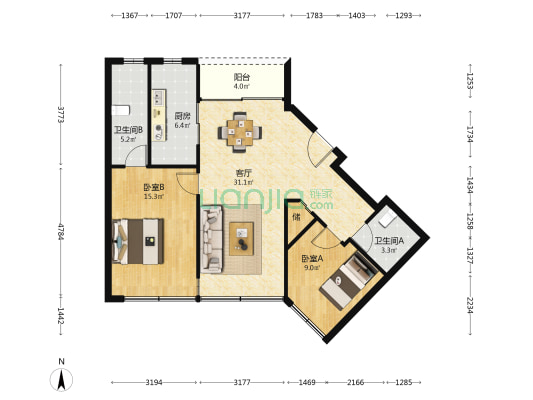 开云艾尚里一期 2室1厅2卫 94平方