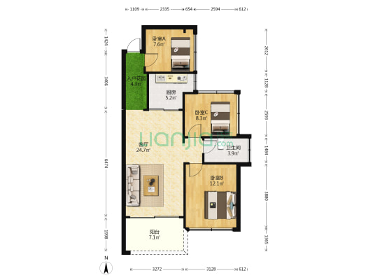 曦悦湾畔花园 3室1厅1卫 86平方