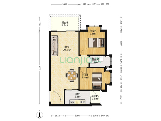 景湖花园 2室1厅1卫 77平方
