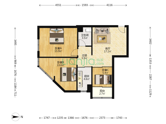金泽大厦 3室1厅1卫 88平方