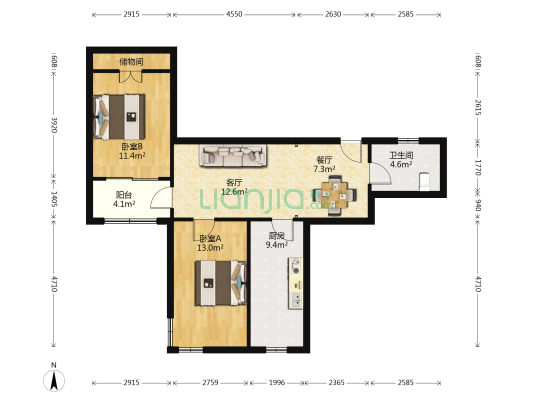 家化公寓 2室2厅1卫 89平方