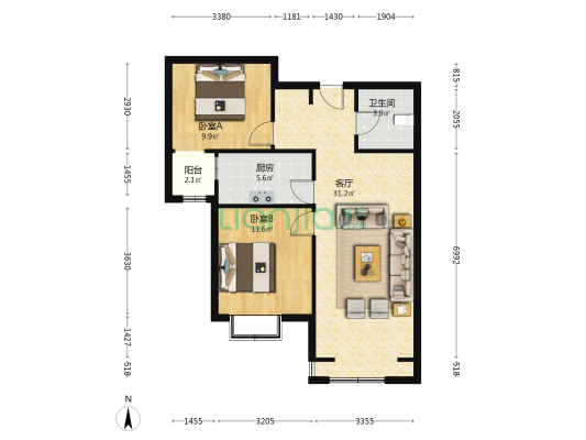 花园小区封闭管理，房子户型方正采光充足-户型图