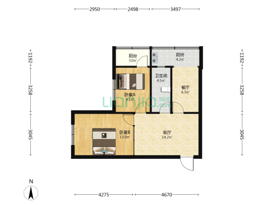 光明路40号院 2室2厅1卫 65平方