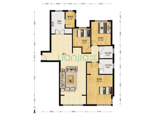仁恒湖滨城 3室1厅2卫 153平方