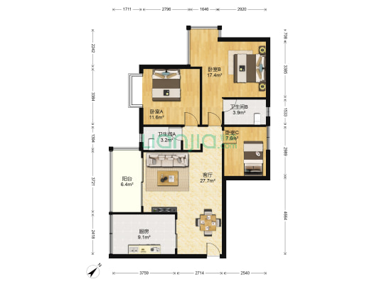 云盛路26号 3室1厅2卫 104平方