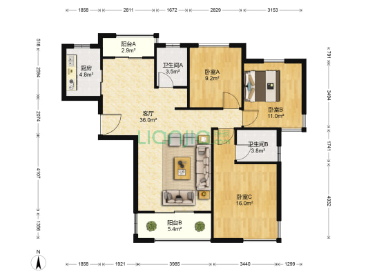 滨湖明珠西区 3室1厅2卫 127平方