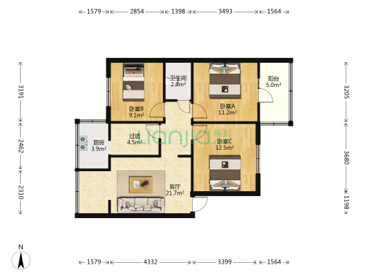中国房地产有限公司董家湾组团 3室1厅1卫 78平方