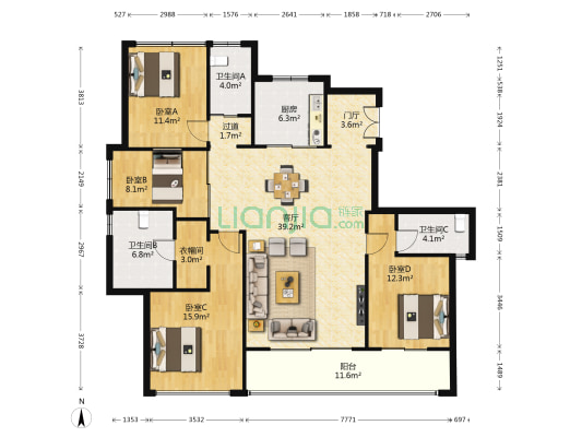晓风印月公寓 4室1厅3卫 169平方