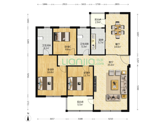 国奥花园四期 3室2厅2卫 151平方
