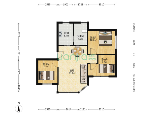 银杏公寓 3室1厅1卫 76平方