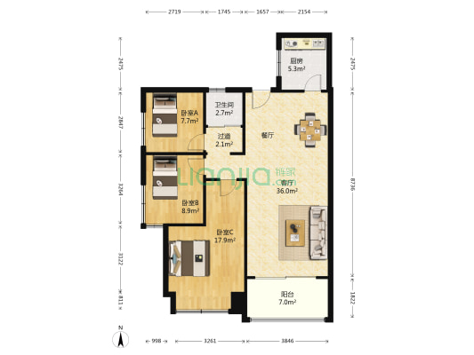 中建芙蓉嘉苑 3室1厅1卫 98平方
