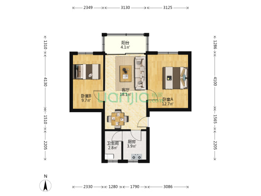天河区政府机关宿舍 2室1厅1卫 58平方