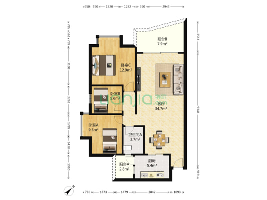 阳光世纪城 3室1厅1卫 93平方