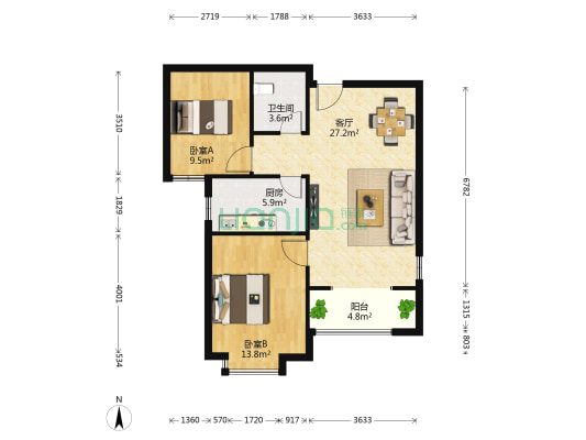 都市怡景小区 2室1厅1卫 87平方
