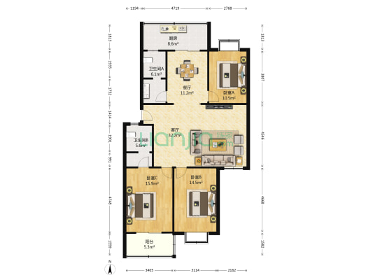 学林花园东区 3室2厅2卫 132平方
