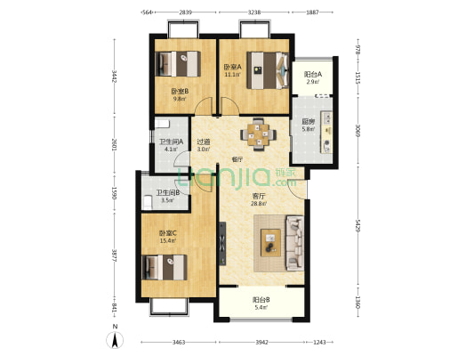 碧华林东区 3室1厅2卫 107平方