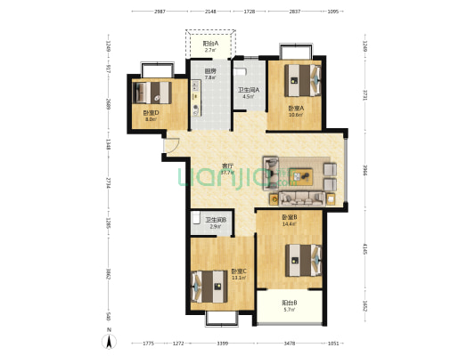 阳光丽都 4室1厅2卫 142平方