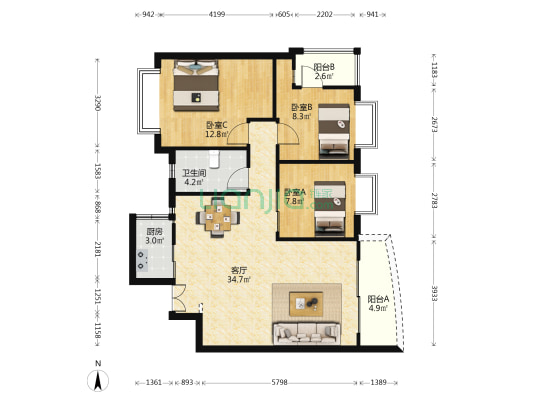 翔名苑 3室1厅1卫 92平方