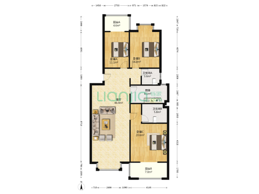 海棠名居 3室1厅2卫 120平方