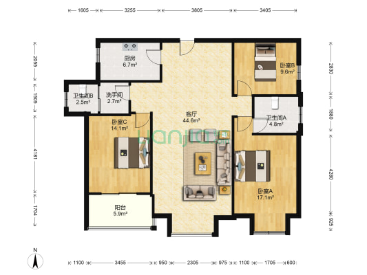 九龍山莊 3室1厅3卫 135平方