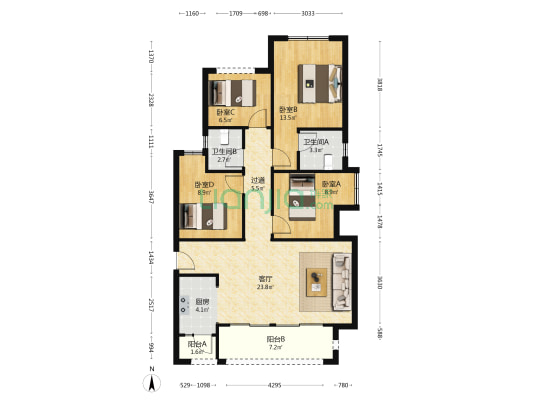 联发龙洲湾一号A区 4室1厅2卫 105平方