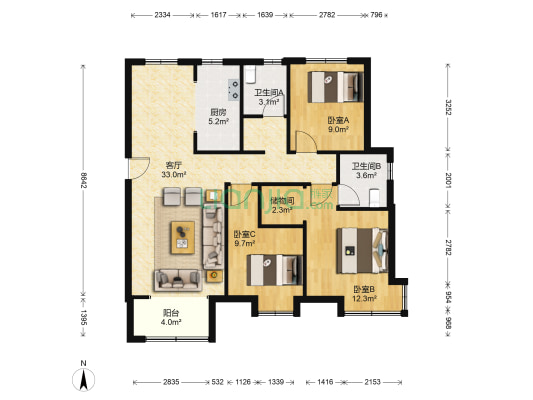 梦世界华园 3室1厅2卫 119平方