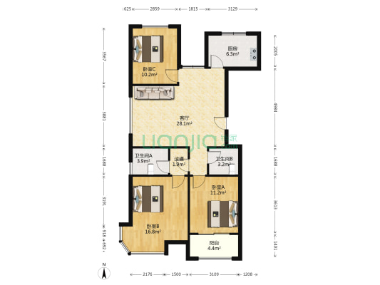 香江名邸 3室1厅2卫 107平方