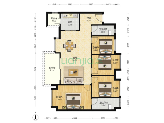 建工翰林华庭 4室1厅2卫 122平方