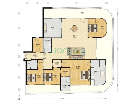 苏州湾3988 4室1厅4卫 343平方