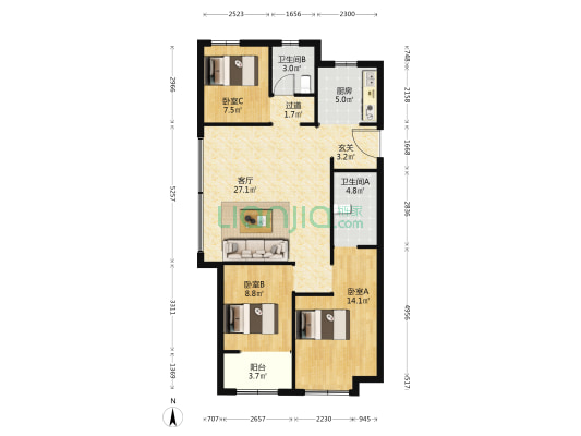 龙湖龙誉城 3室1厅2卫 110平方