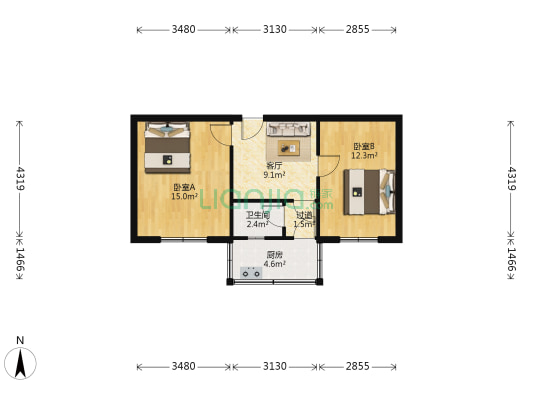 岭南片区华冶南院两室一厅49.2平米证带小房-户型图