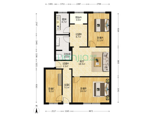 演武路90号 3室1厅1卫 105平方