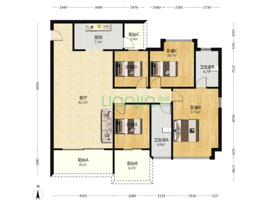 钻石江澋 4室1厅2卫 141平方