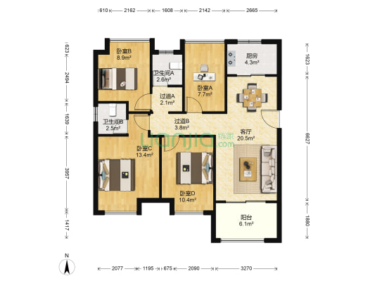 华地森林湖 4室1厅2卫 102平方