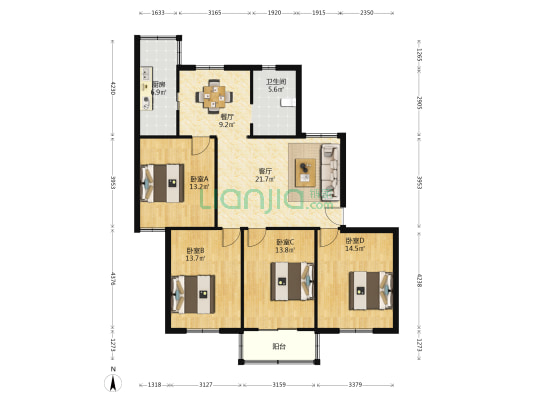 天门山路1号 4室2厅1卫 117平方