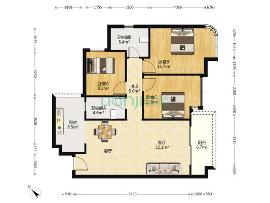 领地观江府 3室1厅2卫 115平方