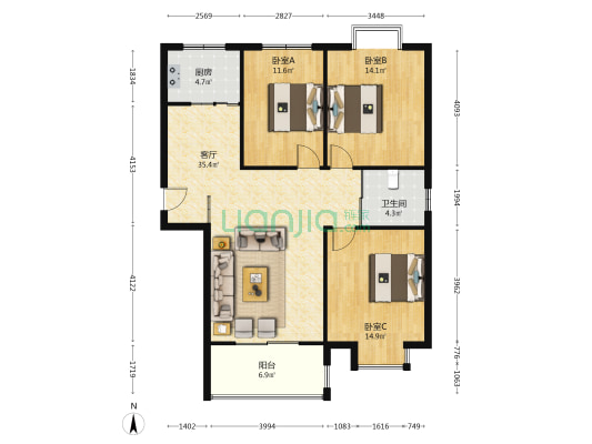 青龙湾 3室1厅1卫 111平方