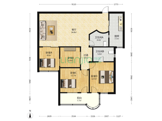 金泉花园 4室1厅2卫 127平方