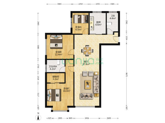 星海熙园 3室1厅2卫 118平方