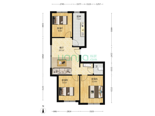 双安公馆 3室1厅1卫 90平方