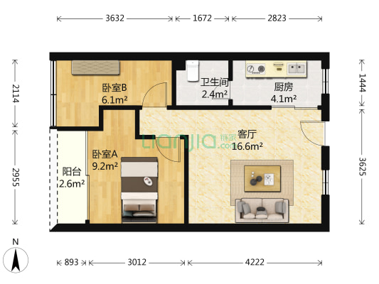 果品公司宿舍 2室1厅1卫 45平方