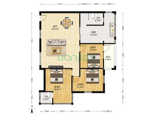 京山花园 3室1厅2卫 110平方