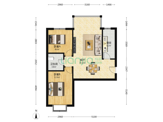 彩虹城C区 2室1厅1卫 93平方