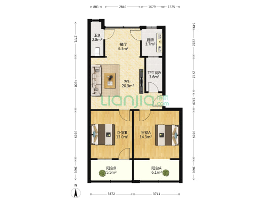 人民路工商银行家属院 2室2厅2卫 86平方